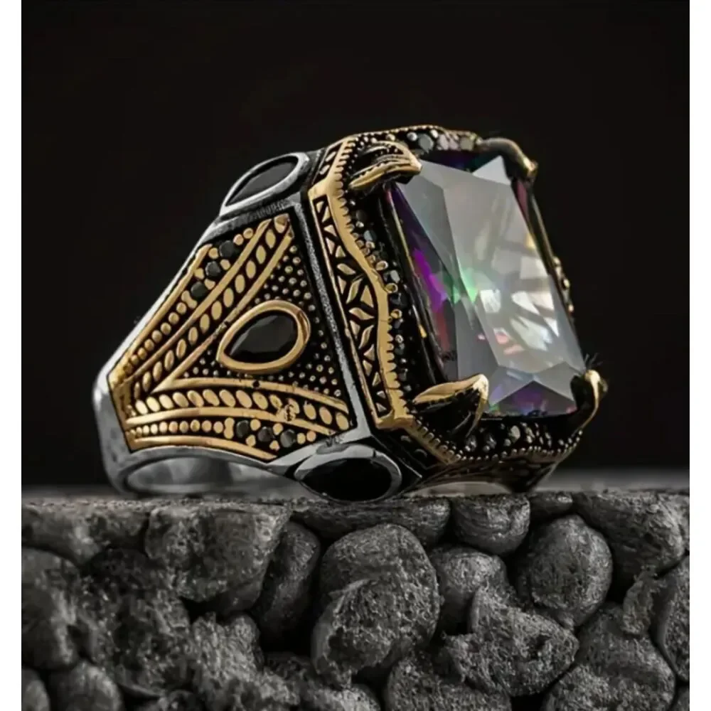 Men's Turkish Signet Ring Square Mystic Topaz Stone Size 11